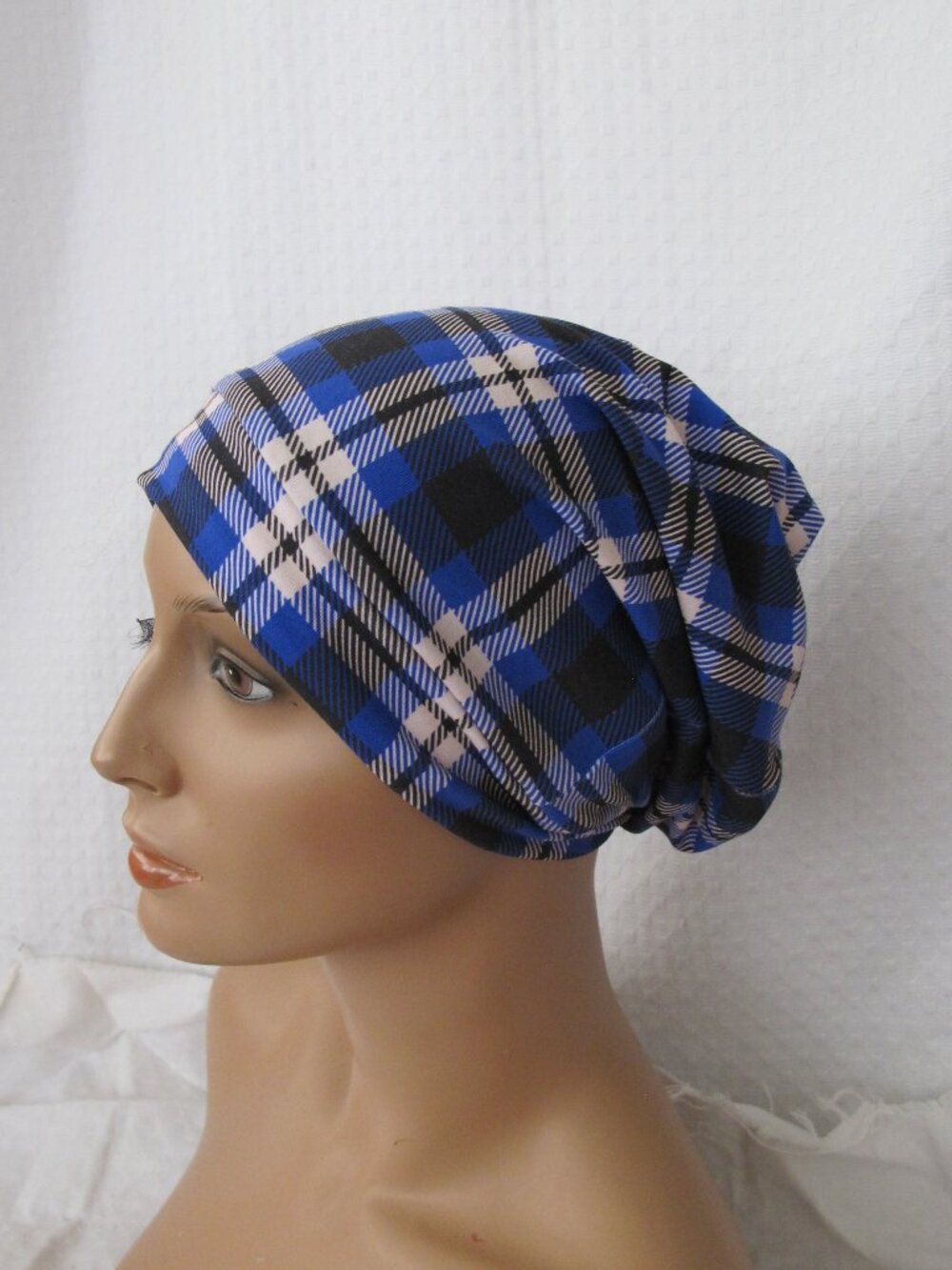 Handmade Blue Plaid Slouch Beanie